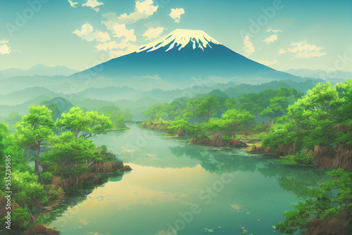 Japan anime scenery wallpaper featuring beautiful pink cherry trees and Mount Fuji in the background