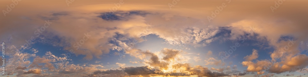 Dark blue sunset sky panorama with pink Cumulus clouds. Seamless