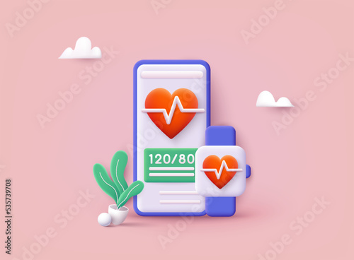 Data synchronization of health book between smartwatch and smartphone. 3D Web Vector Illustrations.