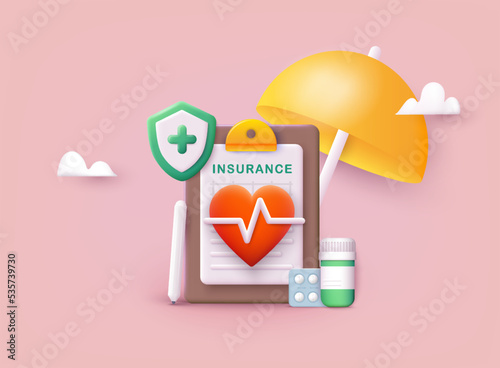 Health insurance concept. Big clipboard with document on it under the umbrella. Healthcare, finance and medical service. 3D Web Vector Illustrations.