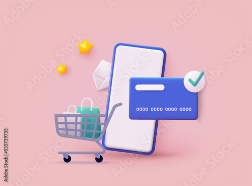 Online shopping with payment card on store marketplace using ornament smartphone and credit card. 3D Web Vector Illustrations.