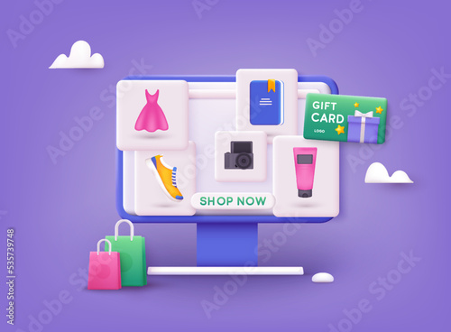 Online shopping. Design graphic elements, signs, symbols. Mobile marketing and digital marketing. 3D Web Vector Illustrations.