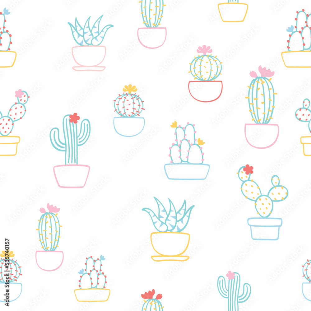 Cactus or houseplant seamless pattern - hand drawn