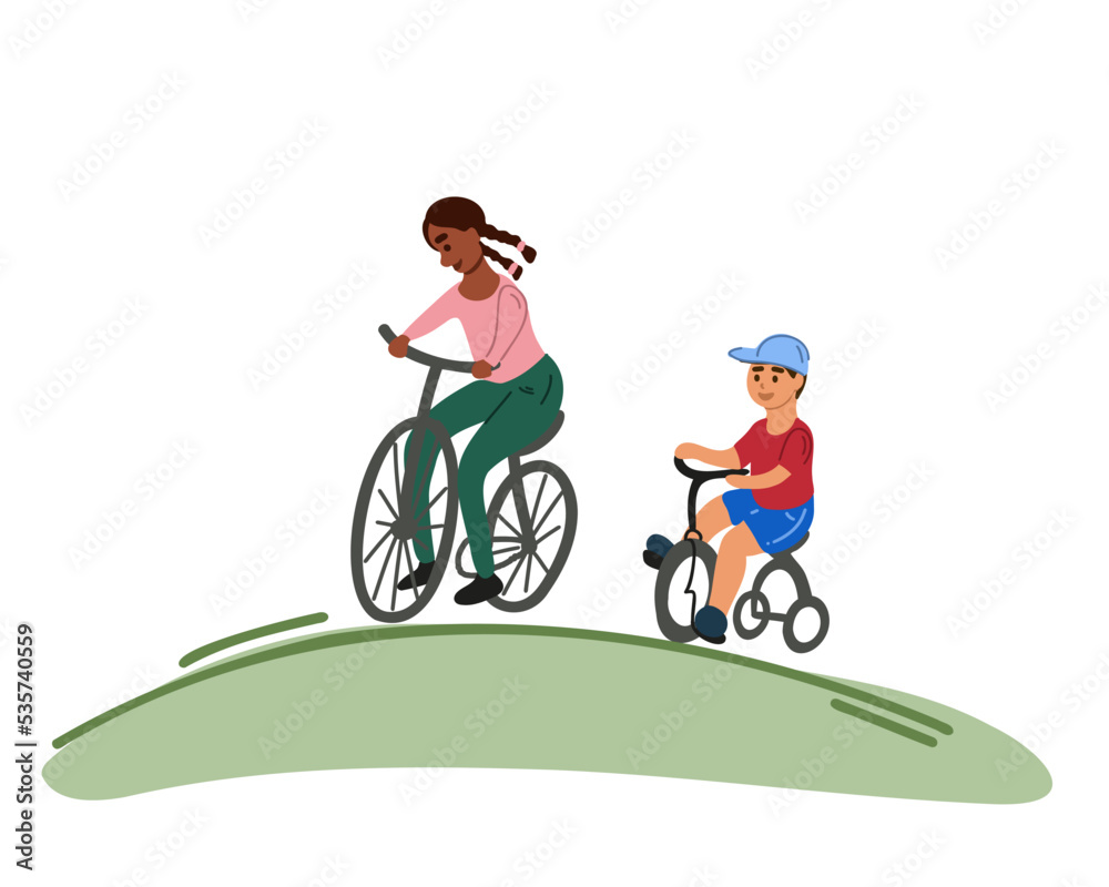 International children ride a bike. Flat vector illustration isolated on white background International children ride a bike. Flat vector illustration isolated on white background