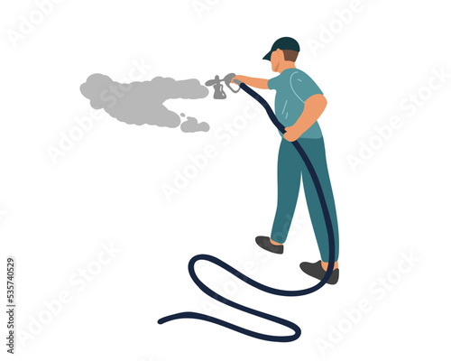 A man with a hose with water pressure. Wash concept. Professional dry cleaning and cleaning services. Man works with water under high pressure. Flat vector illustration