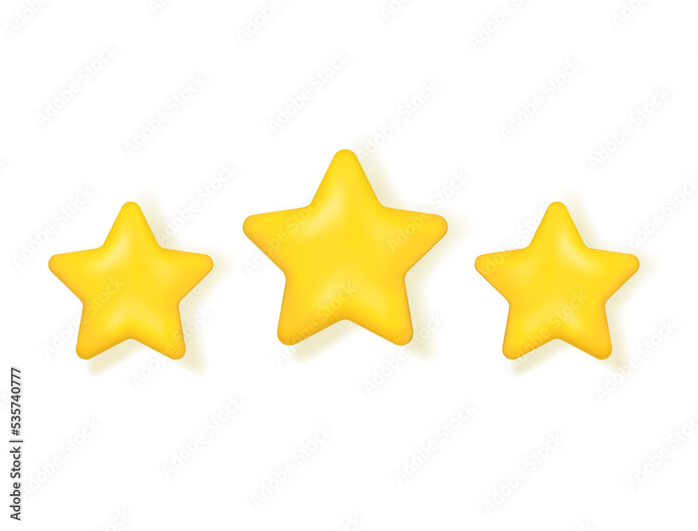 Three yellow plastic stars. Achievements for games. Realistic 3D design. Customer reviews rating concept. For mobile applications. Vector illustration isolated on white background. Three yellow plastic stars. Achievements for games. Realistic 3D design. Customer reviews rating concept. For mobile applications. Vector illustration isolated on white background.