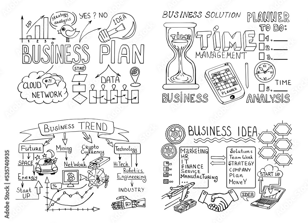 Business doodle sketch set: infographics elements isolated, vector shapes. It include lots of icons included graphs, stats, devices, chart, concepts, strategy. Vector hand drawn blueprint illustration