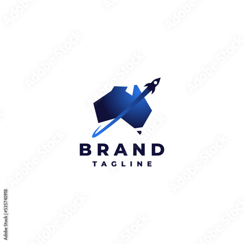 Rocket Flying Over the Australian Continent Logo Design. Map of Australia with Rocket Icon.