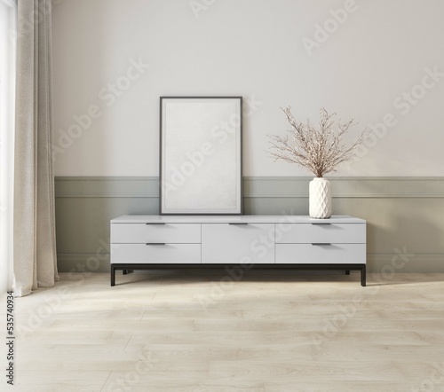 Projekt salonu. Widok na nowoczesne wnętrze z białą szafką RTV, dekoracjami i obrazem w ramce dla edycji. koncepcja minimalizmu