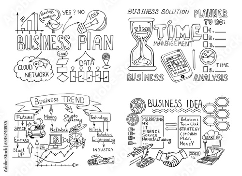 Business doodle sketch set: infographics elements isolated, vector shapes. It include lots of icons included graphs, stats, devices, chart, concepts, strategy. Vector hand drawn blueprint illustration