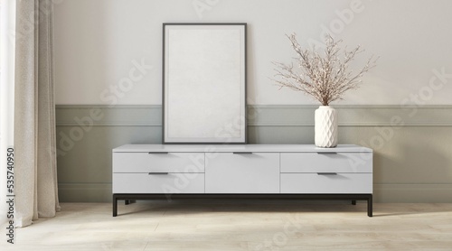 Living room design. View of a modern interior with a white TV cabinet, decorations and a picture in a frame for editing. concept of minimalism