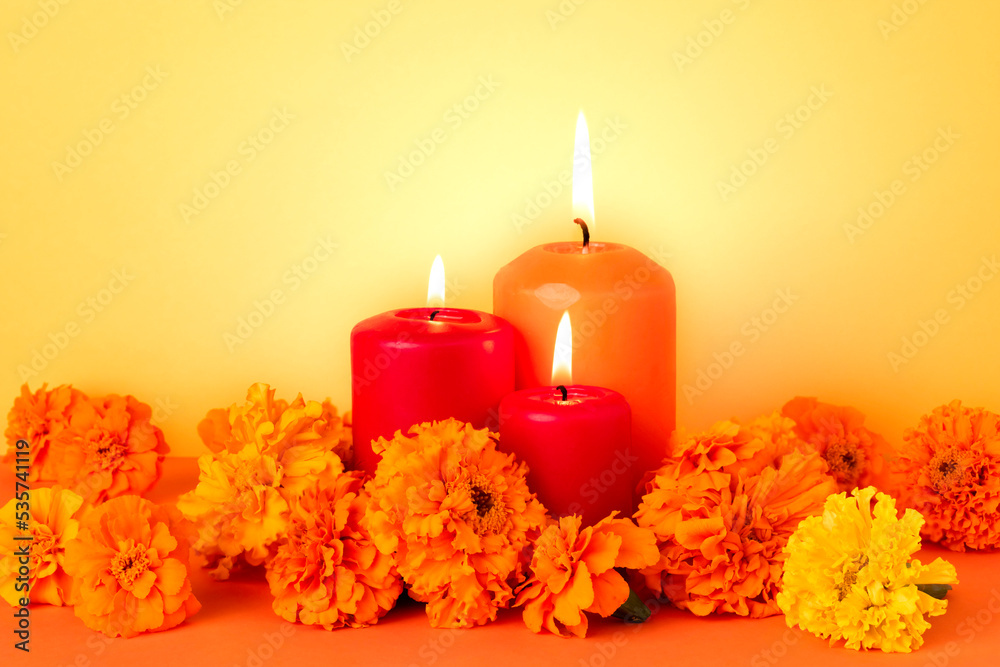 Marigold flowers and Candles.Flowers of cempasuchil, altar. Day of the