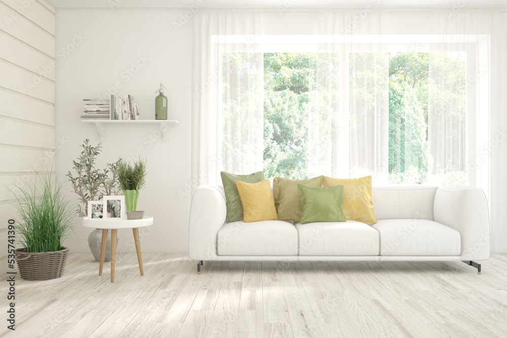 White living room with sofa and summer landscape in window. Scandinavian interior design. 3D illustration White living room with sofa and summer landscape in window. Scandinavian interior design. 3D illustration