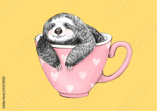 A cute sloth sits in a pink cup