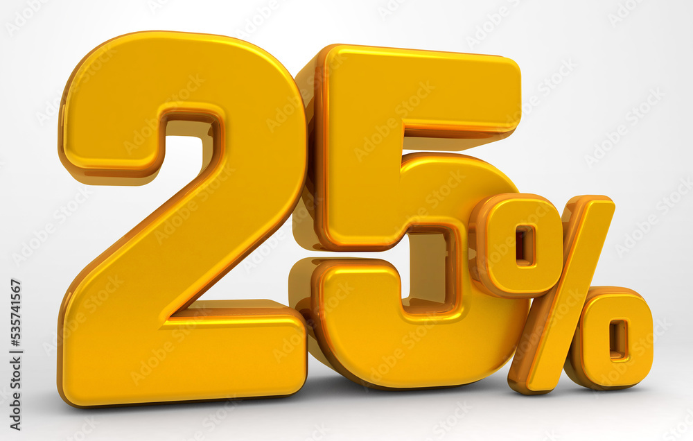 Golden 25% 3d isolated on white background. 25% off 3D. 25% mega sale or twenty five percent bonus. Sale of special offers. 3d rendering. Golden 25% 3d isolated on white background. 25% off 3D. 25% mega sale or twenty five percent bonus. Sale of special offers. 3d rendering.