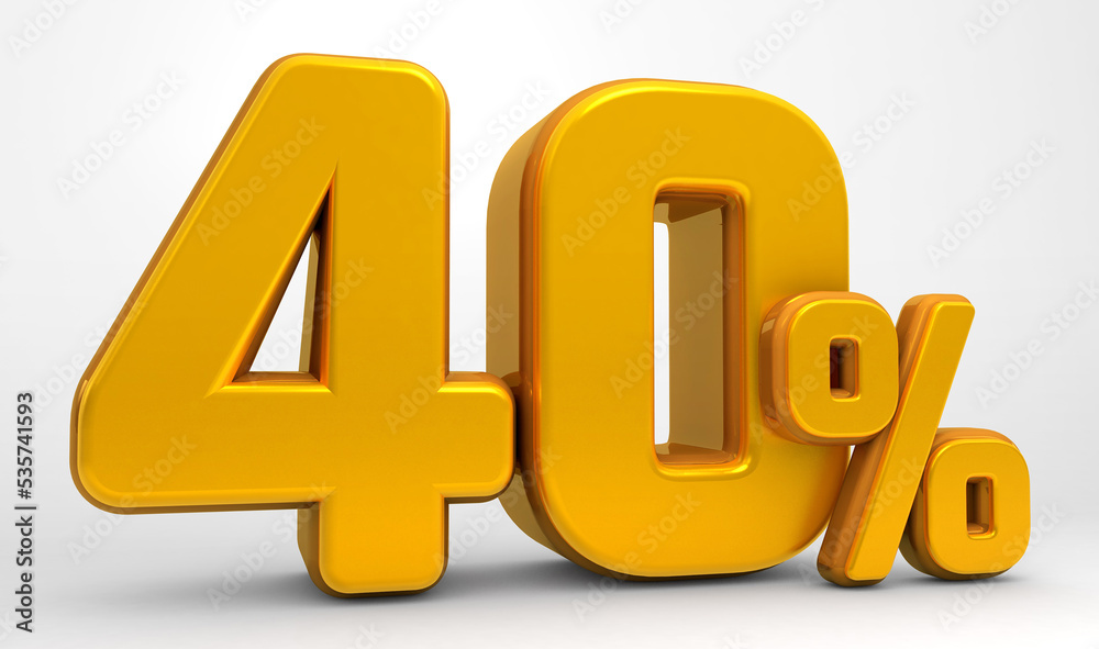 Golden 40% 3d isolated on white background. 40% off 3D. 40% mega sale or forty percent bonus. Sale of special offers. 3d rendering. Golden 40% 3d isolated on white background. 40% off 3D. 40% mega sale or forty percent bonus. Sale of special offers. 3d rendering.
