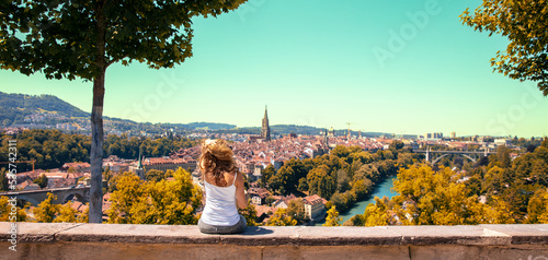 Woman travelling in Switzerland- Bern city landscape photo
