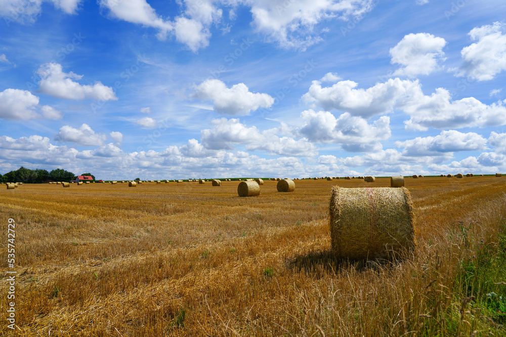 Fields near Bad Wünnenberg. Landscape with a wide view and round bales of straw after the harvest. Nature in autumn.

