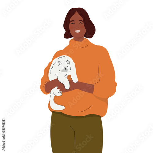 Overjoyed young woman holding a cute kitten in her arms, feeling love. Pets concept. Flat vector illustration isolated on white background