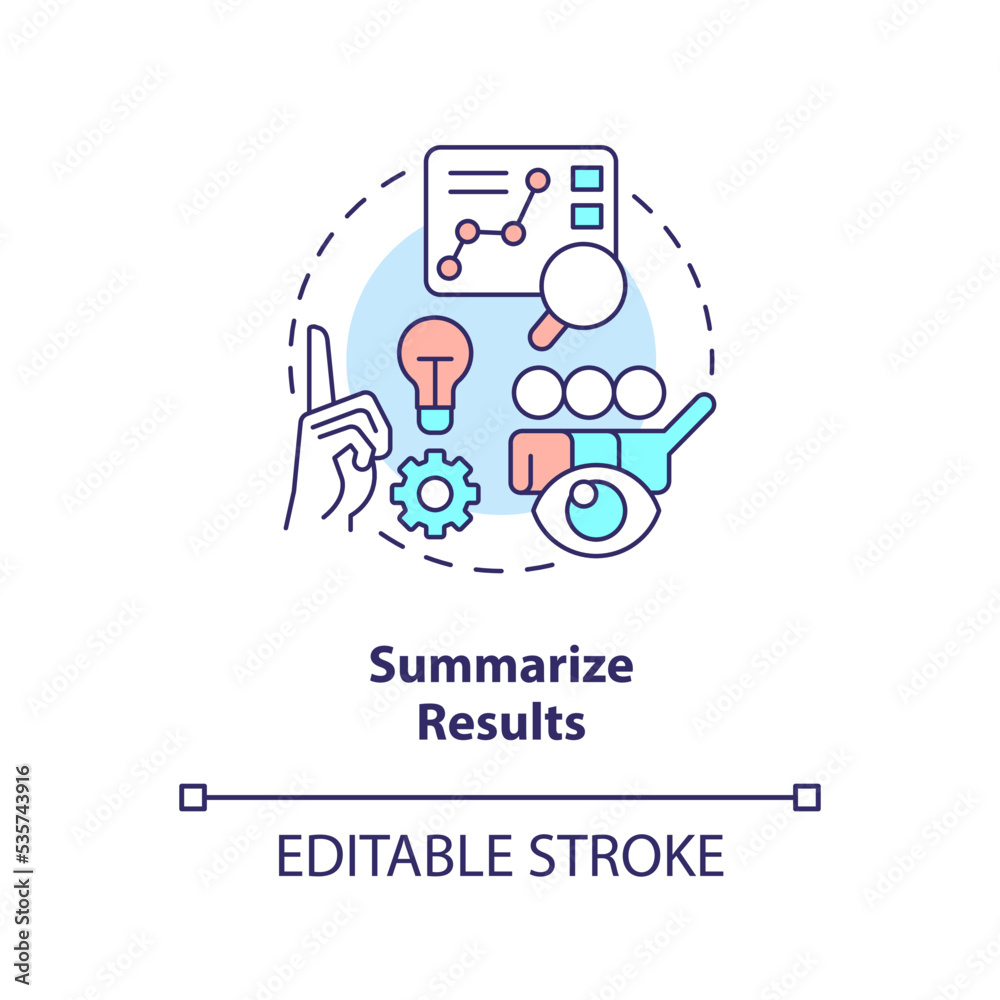 Summarize results concept icon. Make conclusion. Sum up and analyze. Review report abstract idea thin line illustration. Isolated outline drawing. Editable stroke. Arial, Myriad Pro-Bold fonts used
