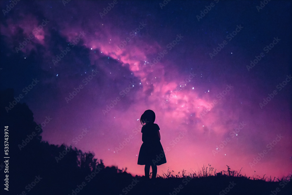 Silhouette of a little girl against the stars of milky way, digital illustration Silhouette of a little girl against the stars of milky way, digital illustration