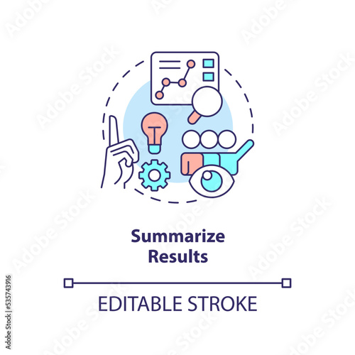 Summarize results concept icon. Make conclusion. Sum up and analyze. Review report abstract idea thin line illustration. Isolated outline drawing. Editable stroke. Arial, Myriad Pro-Bold fonts used