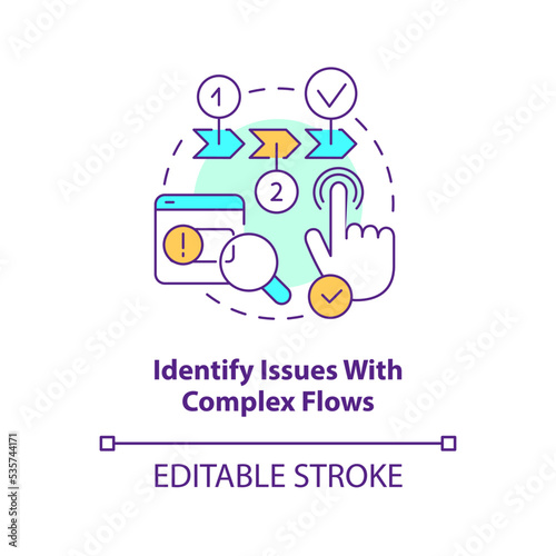 Identify issues with complex flows concept icon. Find mistakes. Usability testing abstract idea thin line illustration. Isolated outline drawing. Editable stroke. Arial, Myriad Pro-Bold fonts used