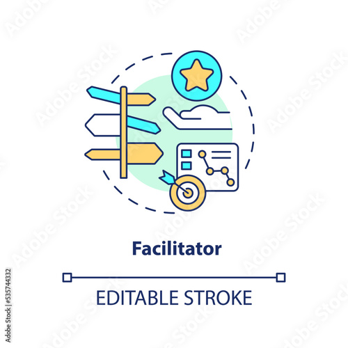 Facilitator concept icon. Give tasks guides and instructions. Manager. Mentoring abstract idea thin line illustration. Isolated outline drawing. Editable stroke. Arial, Myriad Pro-Bold fonts used