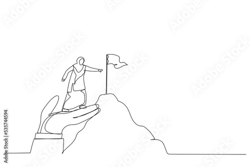 Drawing of businesswoman wear jilbab stand on giant helping hand to reach mountain peak target flag. Coaching mentor support concept single continuous line art style