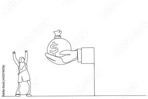 Cartoon of giant boss hand giving stack of coins money to muslim woman. Metaphor for bonus money, salary or income increase. One continuous line art style