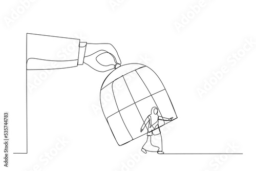 Cartoon of giant hand capturing a running muslim businesswoman with birdcage. One line art style