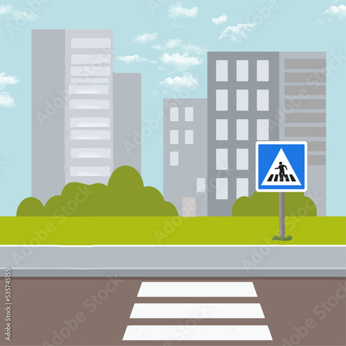 Panneau routier: Passage pour piétons et immeubles en arrière-plan