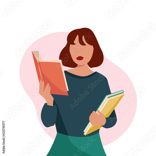 The girl is holding a huge stack of books. Bibliopole and bibliomania. The girl is reading a book. Concept of reading for exam, knowledge, studying, education,bookworm. Woman in abstract style reading