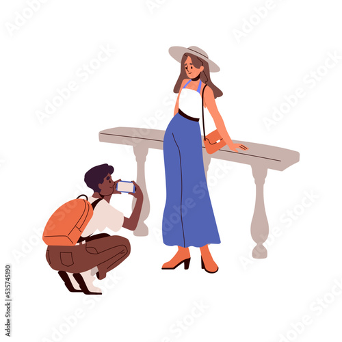 Couple of tourists travel, man taking photo, shooting girl friend with mobile phone. Happy young woman posing for photograph on summer holiday. Flat vector illustration isolated on white background