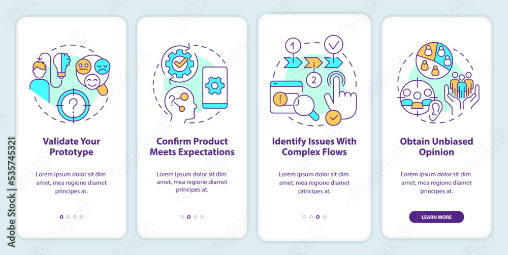 Benefits of usability testing onboarding mobile app screen. Evaluation walkthrough 4 steps editable graphic instructions with linear concepts. UI, UX, GUI template. Myriad Pro-Bold, Regular fonts used