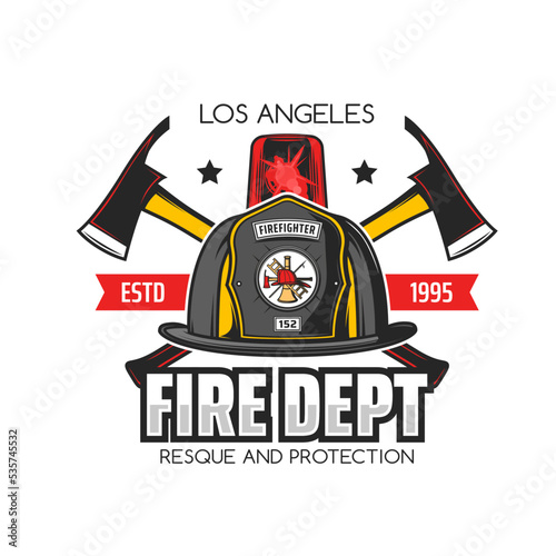 Firefighting icon and fire department symbol with vector helmet of firefighter or fireman, crossed axes and fire truck emergency red light. Rescue service isolated badge with firefighter equipment