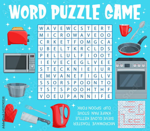 Kitchen appliance and utensil on word search puzzle game worksheet. Children quiz grid, child riddle with word search playing activity. Kids puzzle game with microwave, toaster and kettle, stove, pan