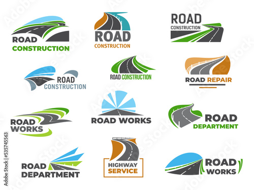 Road construction and repair service icons. Highway asphalt repair sign with winding pathway roadside lawn, driveway turn, sky and horizon. Road works department vector symbols