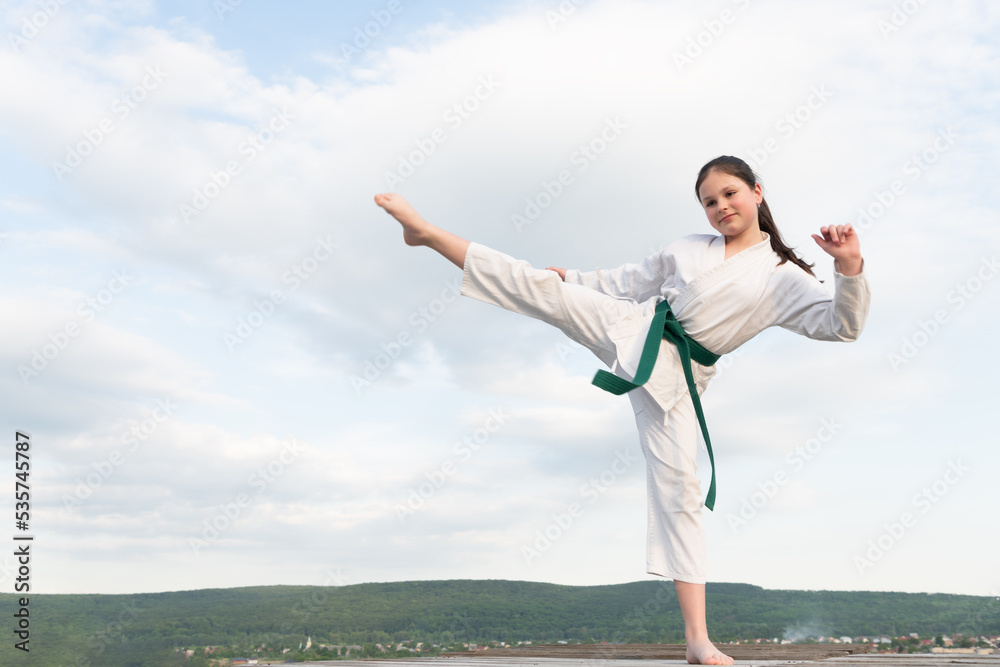 karate concept. teen girl practicing karate. girl karate fighter on sky background. copy space karate concept. teen girl practicing karate. girl karate fighter on sky background. copy space