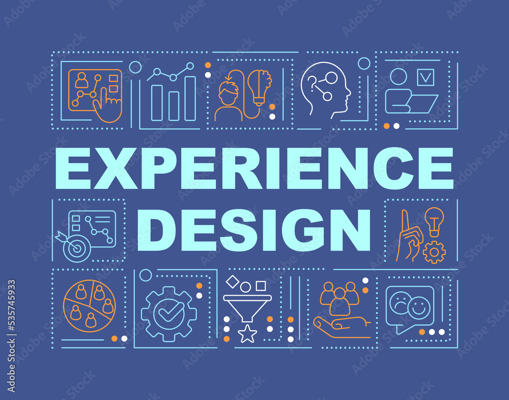 User experience design word concepts blue banner. UX website. Infographics with editable icons on color background. Isolated typography. Vector illustration with text. Arial-Black font used