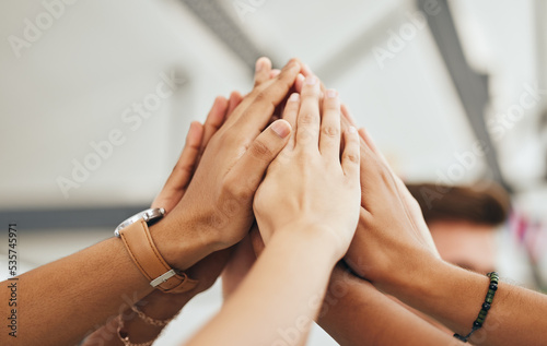 Support, community and high five with hands of people in collaboration for goals, mission or team building. Vision, mindset and teamwork with friends in workshop for motivation, success or networking