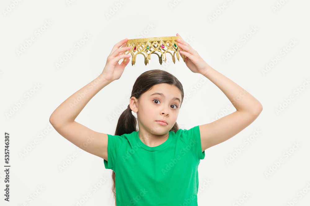 Every girl dreaming to become princess. Lady little princess. Royal family. Behaving like princess is work. Kid wear golden crown symbol of princess. Girl cute child wear crown. Childhood concept Every girl dreaming to become princess. Lady little princess. Royal family. Behaving like princess is work. Kid wear golden crown symbol of princess. Girl cute child wear crown. Childhood concept