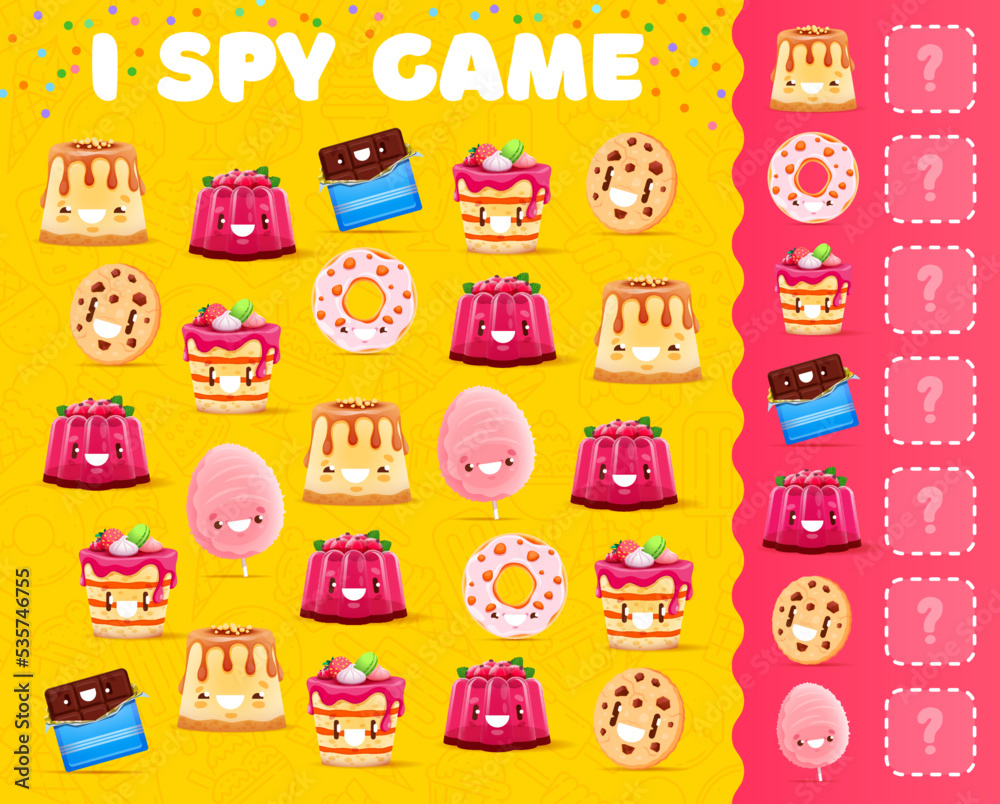 I spy game. Cartoon sweets and dessert characters. Kids object finding puzzle, child calculation quiz vector worksheet with cheerful cake, jelly pudding, cookie and donut, chocolate bar, cotton candy