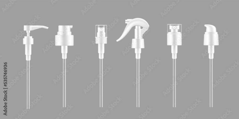 Pump droppers, spray bottle caps and cosmetic container or dispenser