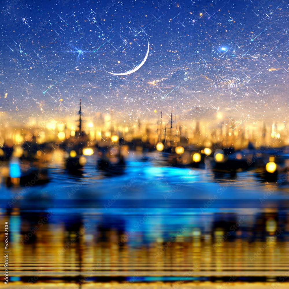  night city blurred light under dramatic starry sky and moon star fall on bright  blue sea water universe space cosmic background template 