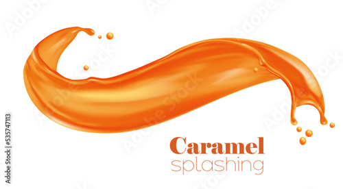 Caramel sauce, syrup swirl wave splash with drops, vector sweet candy and dessert food. 3d realistic flow of liquid caramel or melted toffee, milk and brown sugar candy wavy splash with cream texture