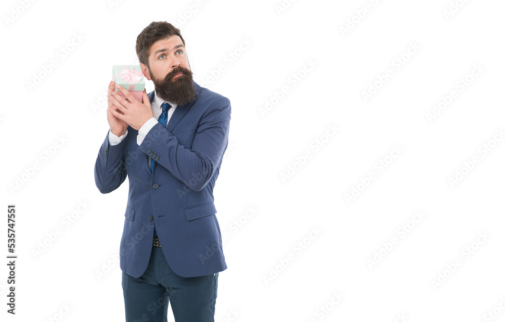Gift for client. Man bearded hipster formal clothes hold gift box white background. Thankful concept. Gift for colleague. Ways to promote loyalty rewards program. Office party. Pleasant surprise Gift for client. Man bearded hipster formal clothes hold gift box white background. Thankful concept. Gift for colleague. Ways to promote loyalty rewards program. Office party. Pleasant surprise