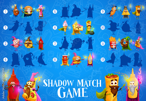 Shadow matching game  cartoon takeaway fast food mage and wizard characters  vector kids puzzle. Find correct shadow or silhouette of cheeseburger sorcerer  hotdog magician and pizza with magic wand