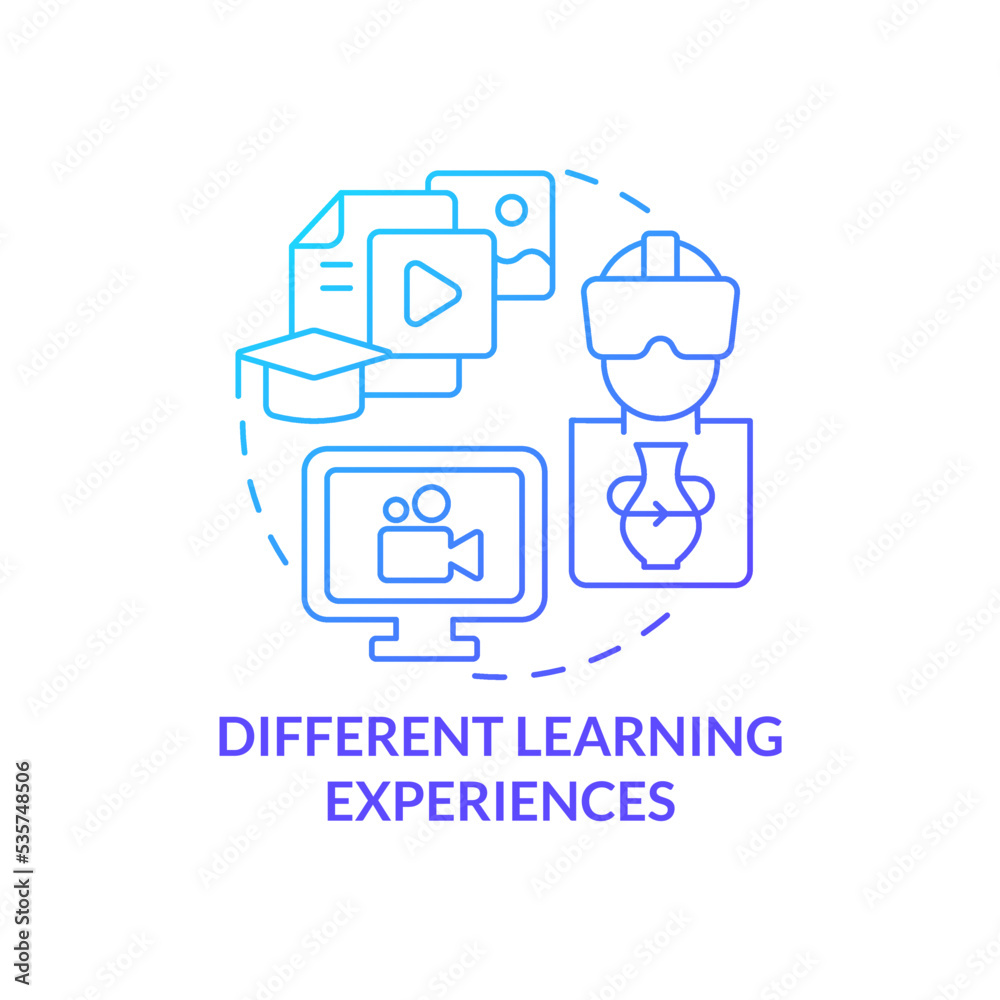 Different learning experiences blue gradient concept icon. Improve training abstract idea thin line illustration. Distance and virtual reality. Isolated outline drawing. Myriad Pro-Bold font used