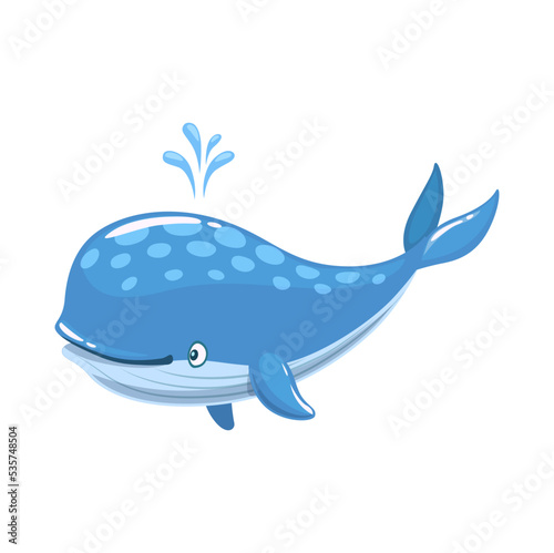 Cartoon cheerful blue whale character. Cute personage of vector sea animal, ocean underwater fish or giant marine mammal with happy smile. Isolated funny humpback or baleen whale spouting water